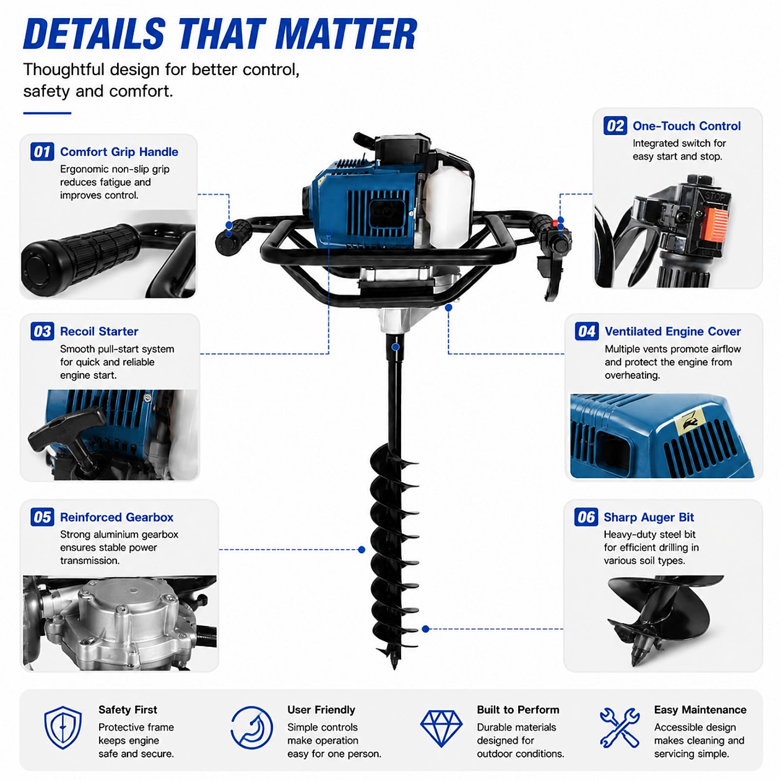 Ahoyadora Gasolina | 52CC 1,7KW | 2,3CV | 2 Tiempos Motor | 100/200mm Broca | 305mm Prolongador | Barrena para Tierra Compactadora De Tierra Ahoyadora Manual Ahoyador para Huerto
