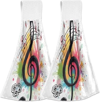 Kcldeci Hanging Hand Towels for Bathroom and Kitchen Music Theme Musical Note Bath Kitchen Towel 2 Pack Ultra Soft and Highly Absorbent with Hanging Loop Quick Drying Machine Washable