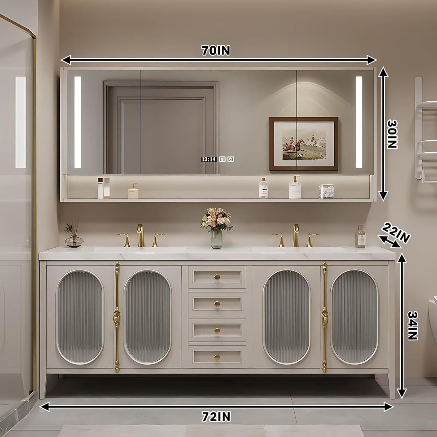 Double Bathroom Vanities Sink Set - Modern Bathroom Vanity Includes Fine Copper Metal Texture Handle & Striped Glass Door Storage | Simple and Light Luxury Style,Smart Mirror Cabinet(72IN)