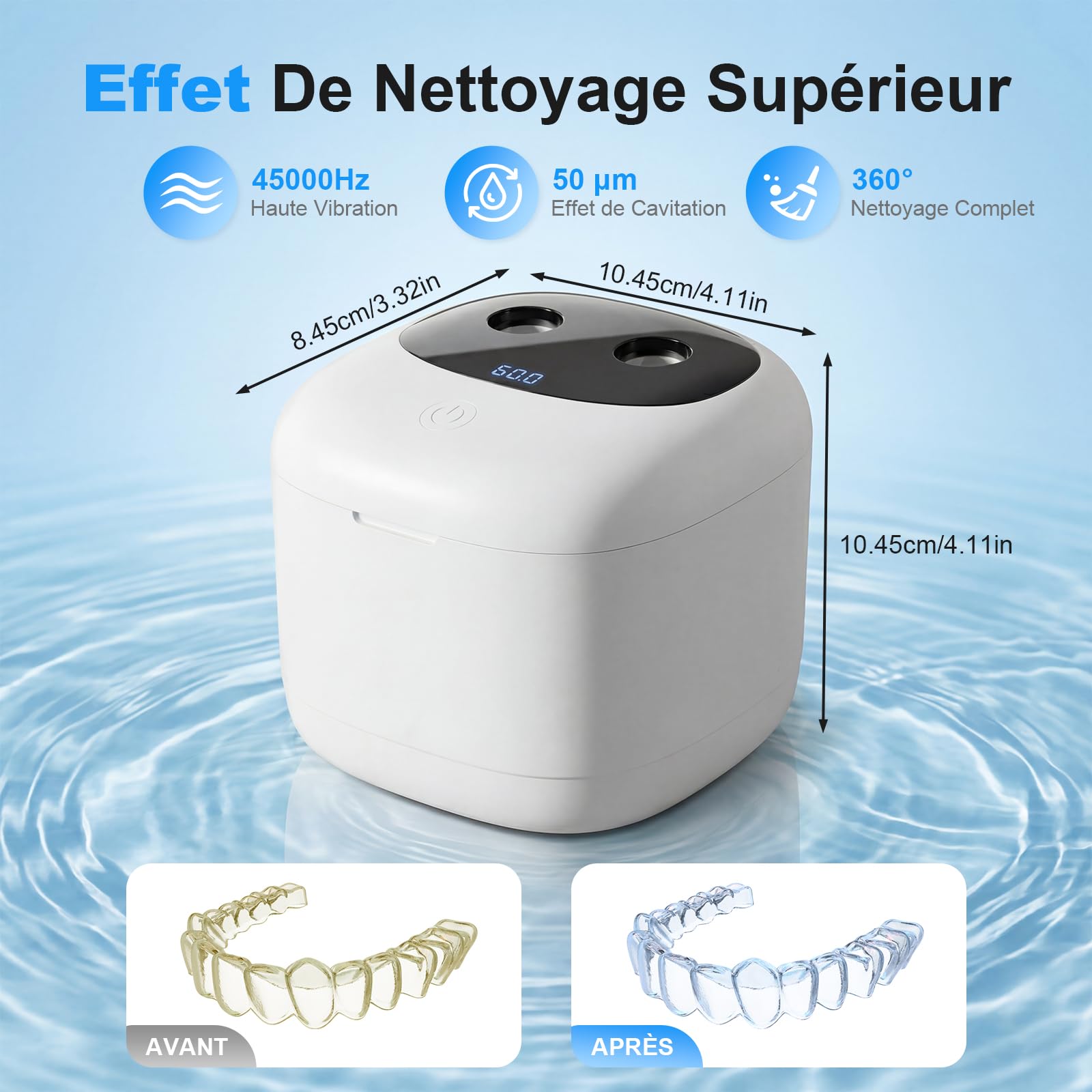 Nettoyeur Ultrasons Pour Prothèses Dentaires 45kHz Haute Fréquence UV 3 Modes 200ML Réservoir INOX 304