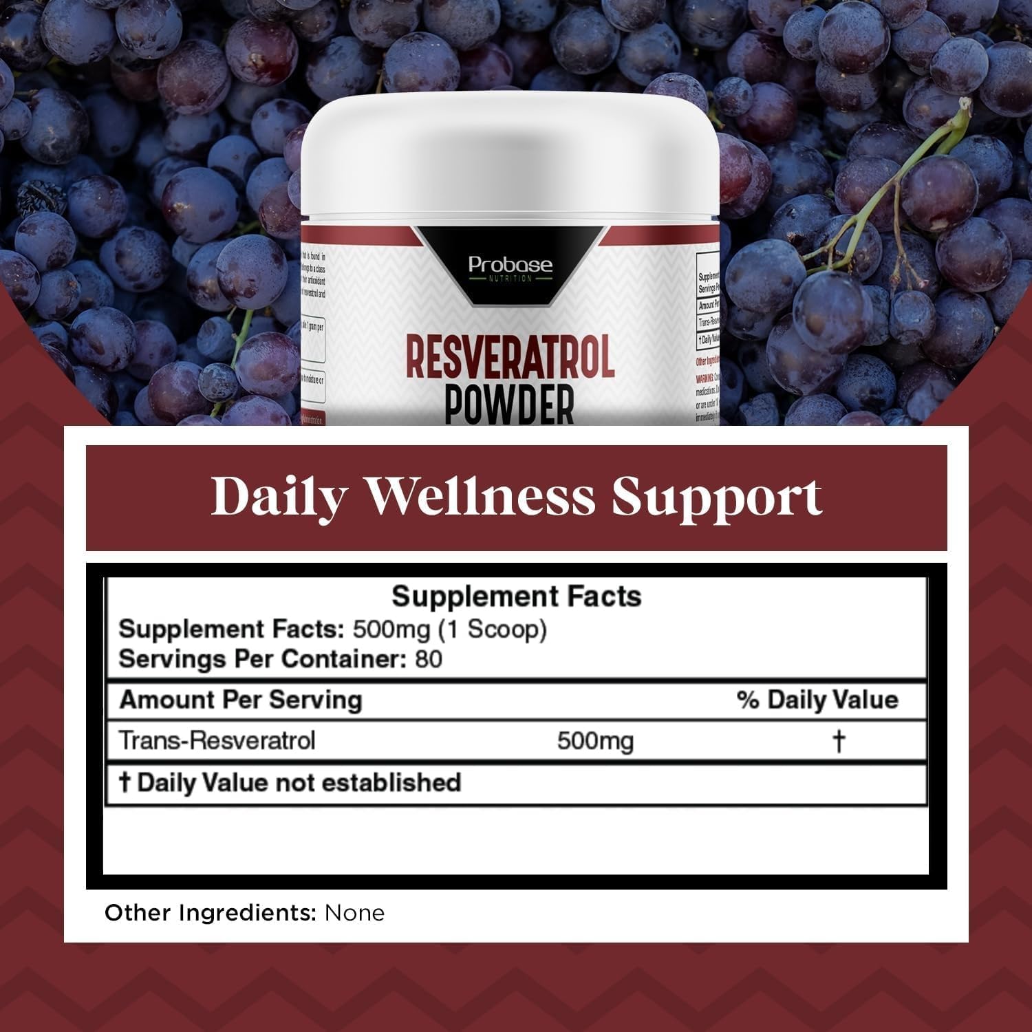 Probase Nutrition Trans Resveratrol Supplement, High Purity Resveratrol Powder for Age Support, 40-Day Supply, 40 Grams