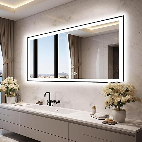 72x32 LED Bathroom Vanity Mirror - Black Aluminum Framed (Front and Backlit), Anti-Fog Large Mirror with Lights,Stepless Dimmable Lighted Mirror,3 Colors Smart Mirror(Horizontal/Vertical)