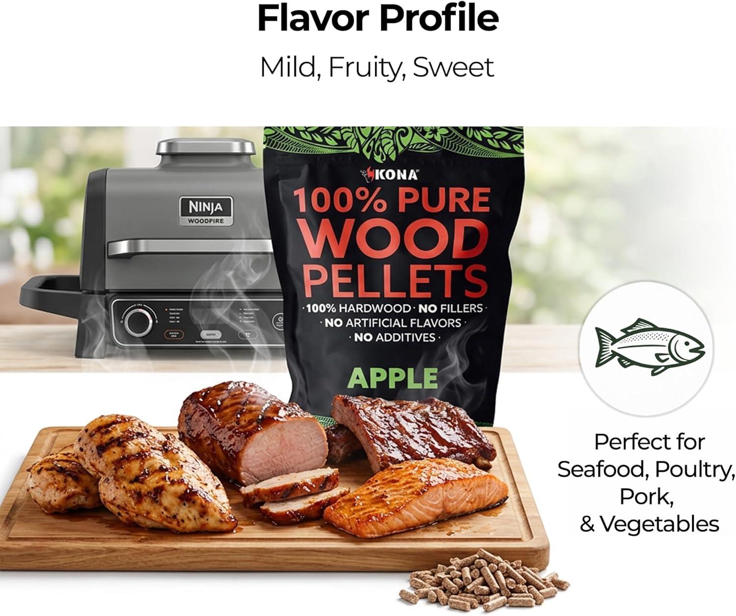 Kona 100% Apple Smoker Pellets, Intended for Ninja Woodfire Outdoor Grill, 8 lb Resealable Bags