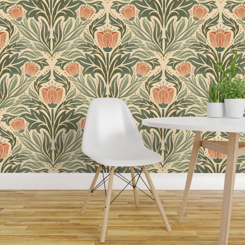 Spoonflower Removable Wallpaper Swatch - Block Print Floral Orange Tulip Damask Rustic Farmhouse Flowers Green Leaves Custom Pre-Pasted Wallpaper