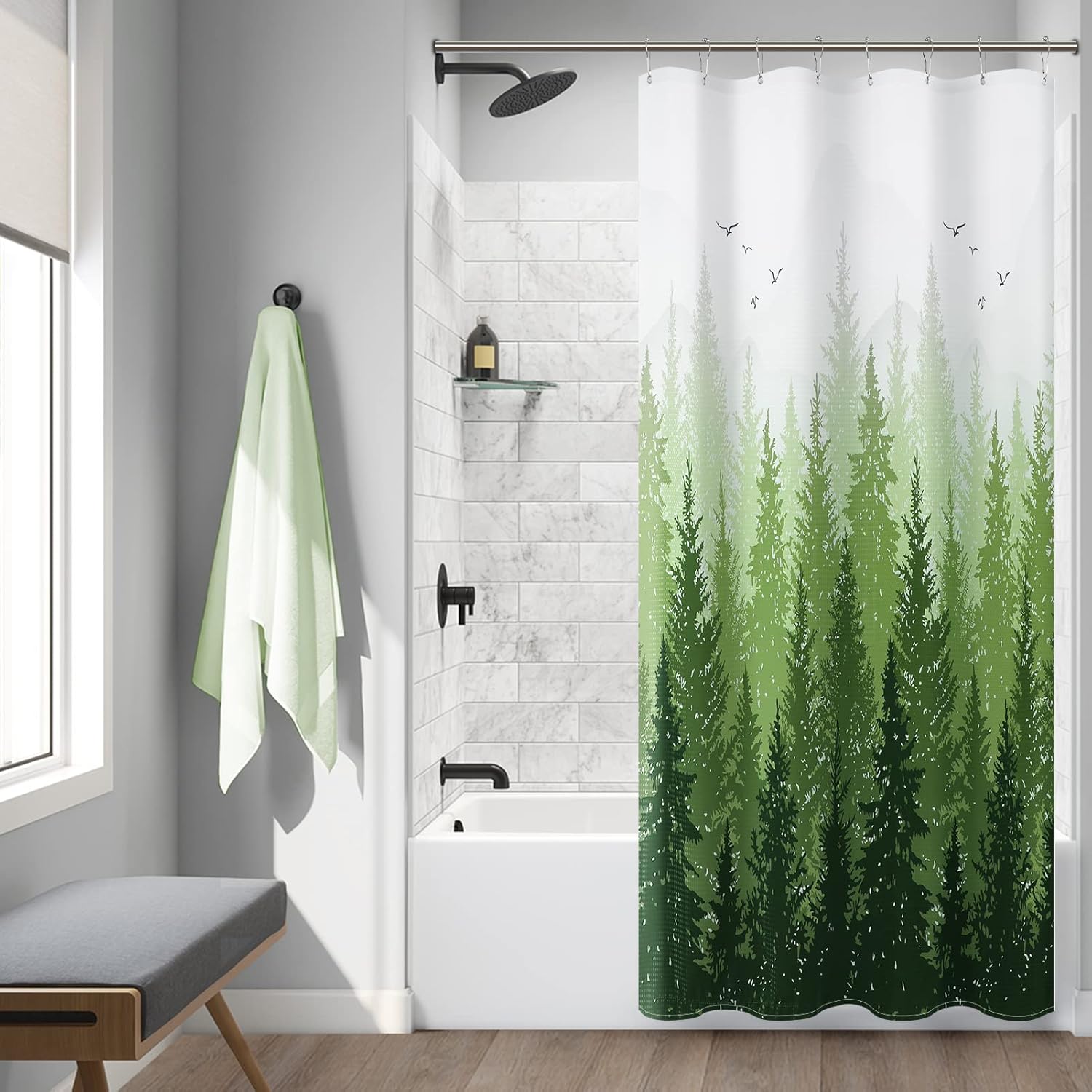 Hokibero Mountain Forest Shower Curtain Nature Green Theme