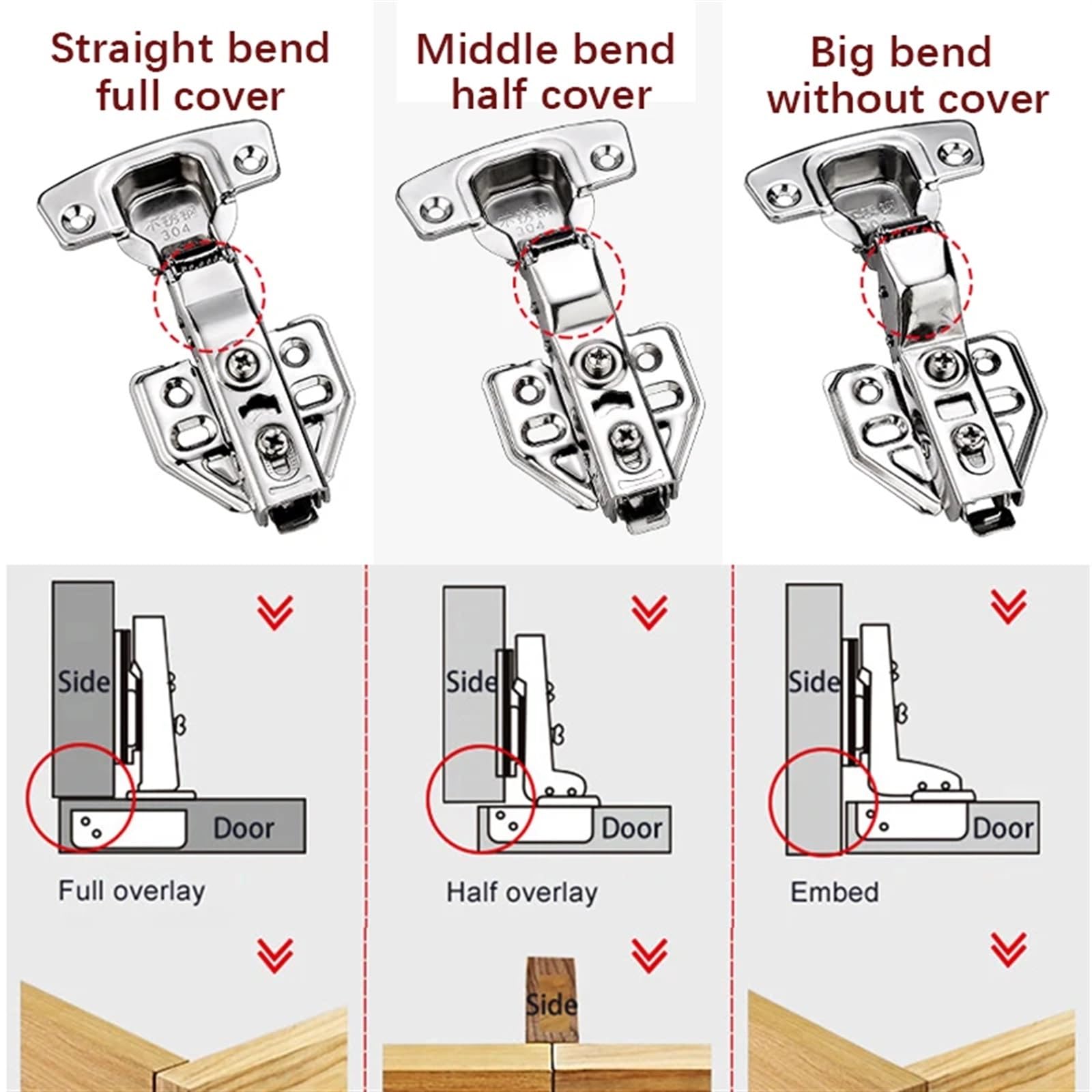 Zawiasy do drzwi, 10 szt. Hydrauliczny zawias do drzwi szafki z cichą sprężyną 304 stal nierdzewna 110x62mm(Middle bend (10Pcs))