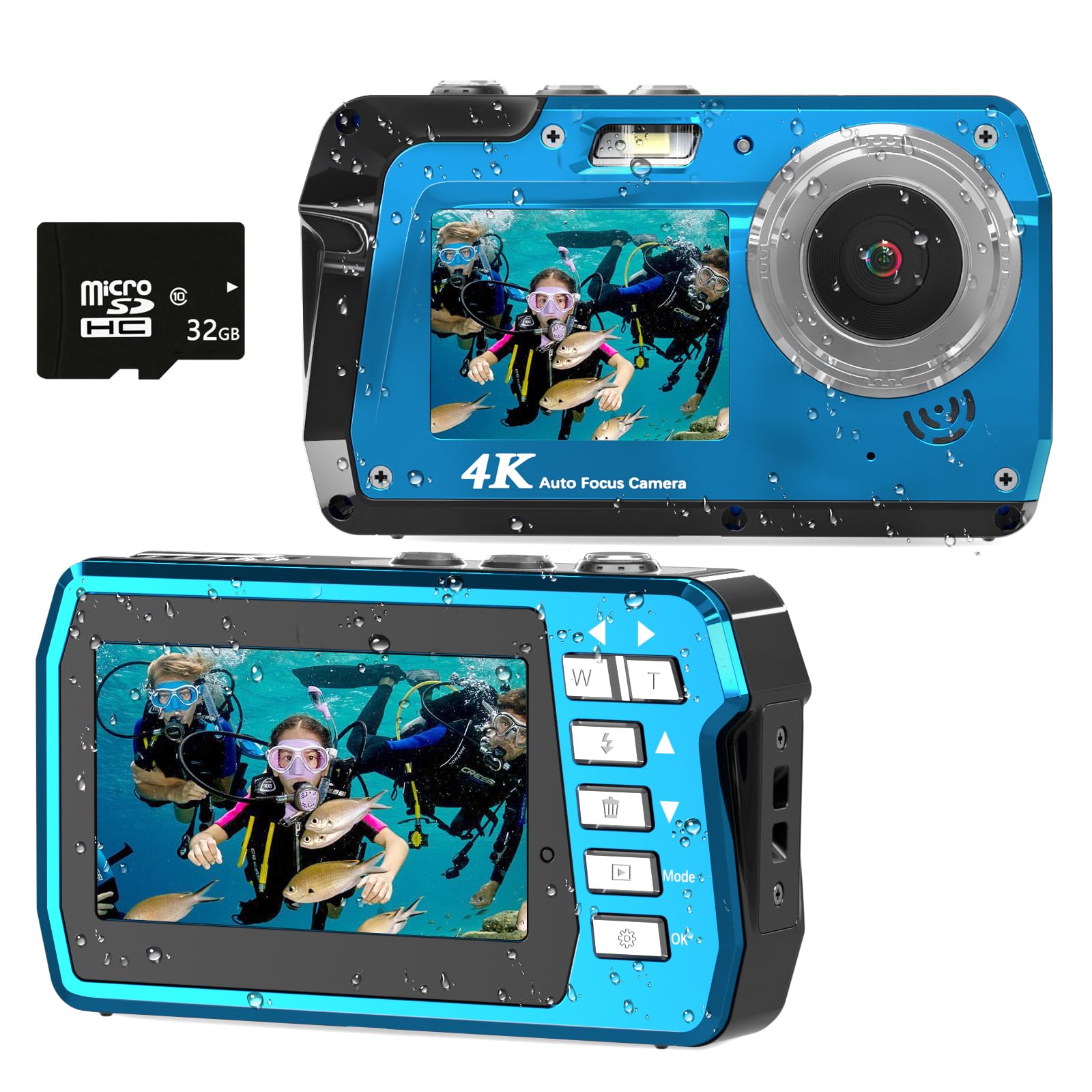 Waterproof Digital Camera, Underwater Camera with 32GB Card(Installed), 4K FHD 48MP Dual-Screen Selfie Under Water Camera for Photography, 10FT Waterproof Camera for Snorkeling, Surfing, Rafting