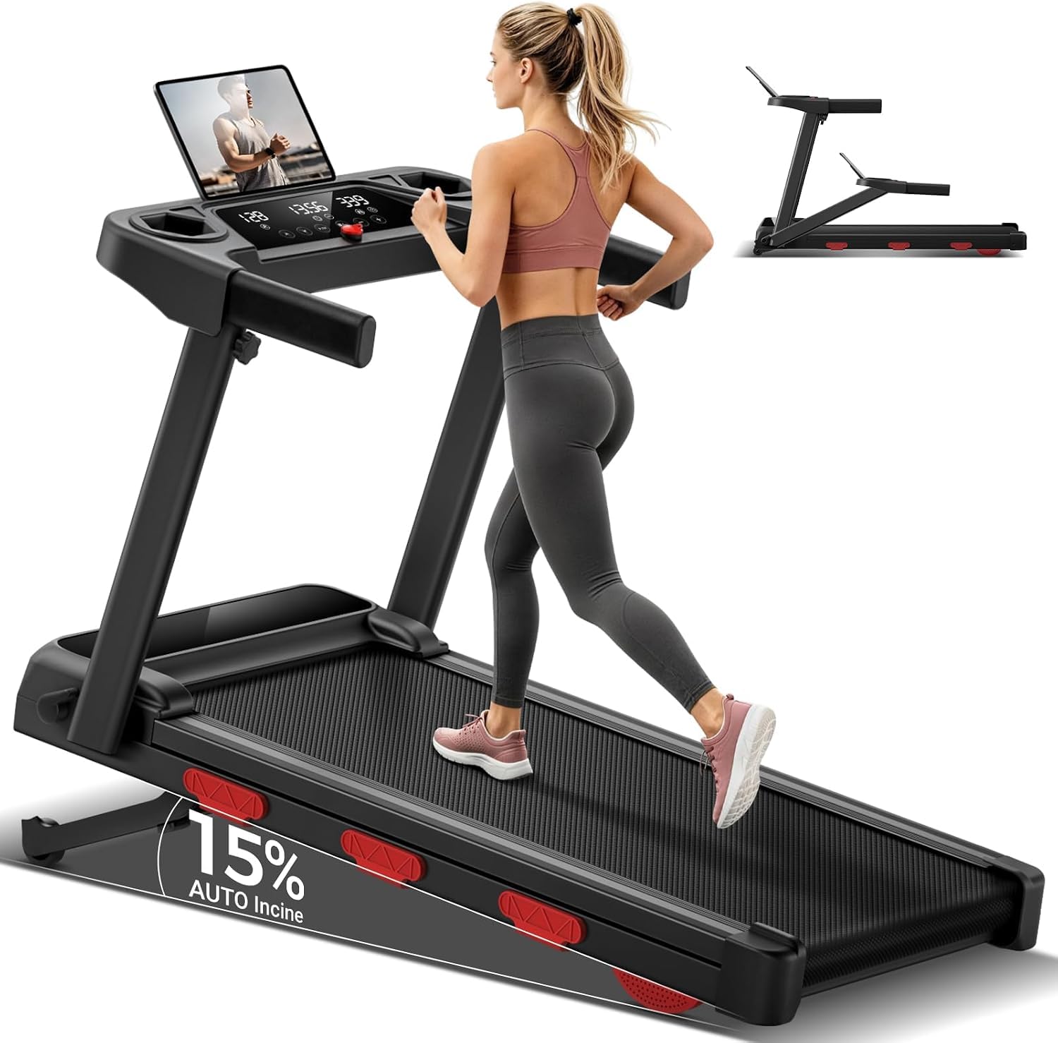 15% Auto Incline Treadmill for Home, 12KM/H Foldable Walking Pad Max. 180KG