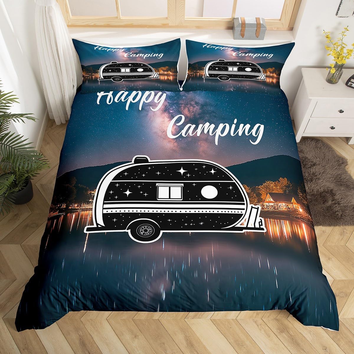 Erosebridal Happy Camping Twin Duvet Cover RV Camper Comforter Cover Night Scenery Camping Bedding Set Retro Style Bed Set with 1 Pillowcase