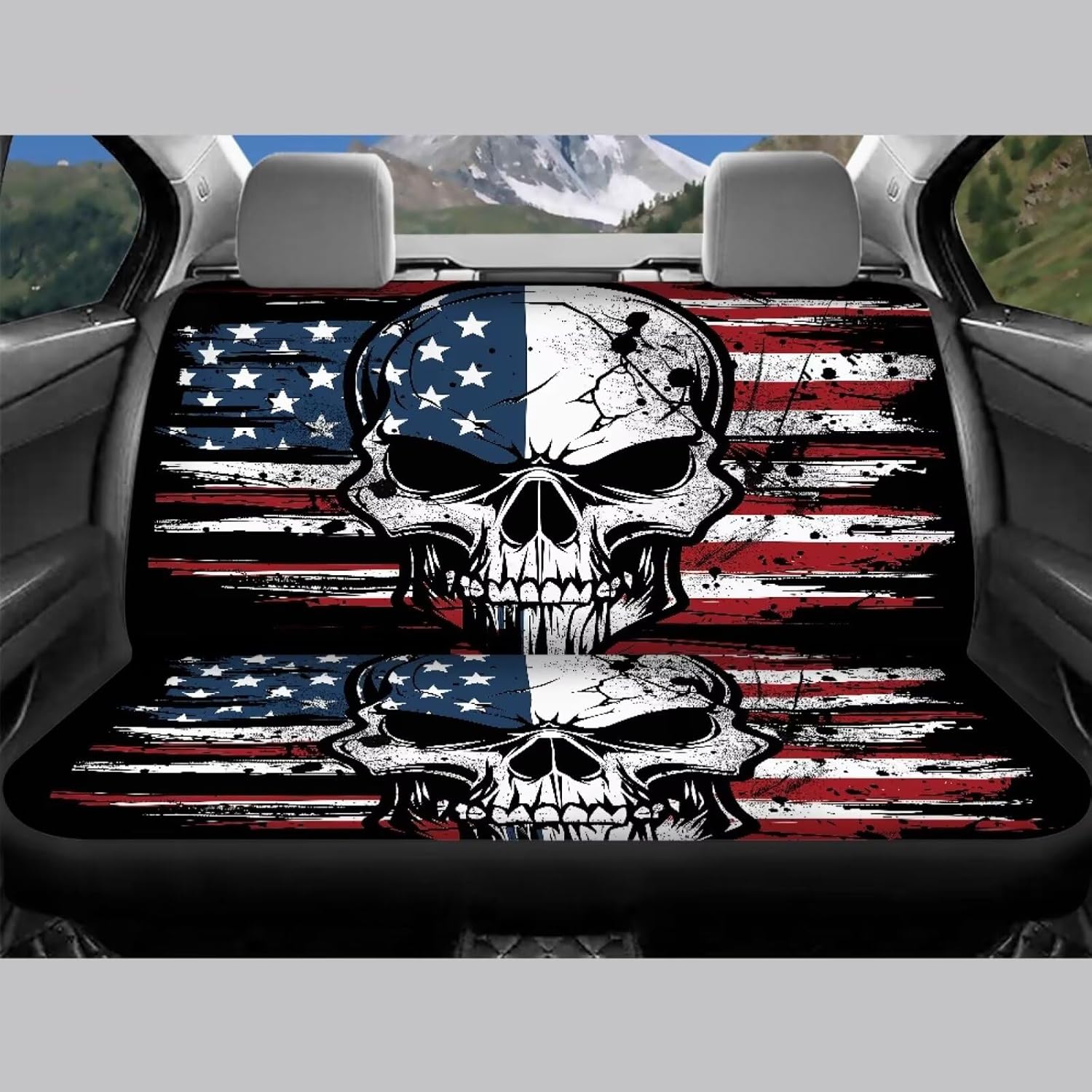 13 Pcs American Flag Skull Car Seat Covers Full Set with Auto Steering Wheel Cover Armrest Cushion Protector Seat Belt Covers, Automotive Interior Sets Unverisal Fit Cars SUV Turcks