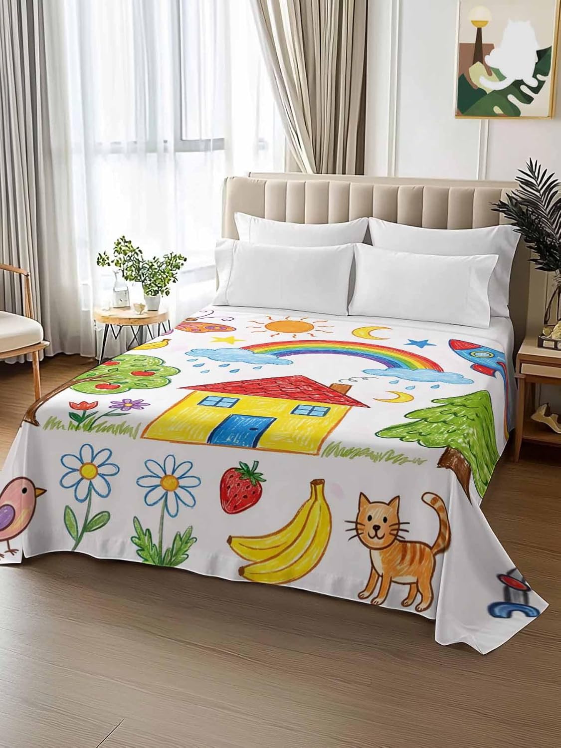 Full Flat Sheet, Children's Day Full Bed Sheets Only, Soft Microfiber Flat Sheet, Cartoon Painting Rainbow Rocket Butterfly Hotel Quality Bedding Top Sheet Bedroom Home Dorm Decor
