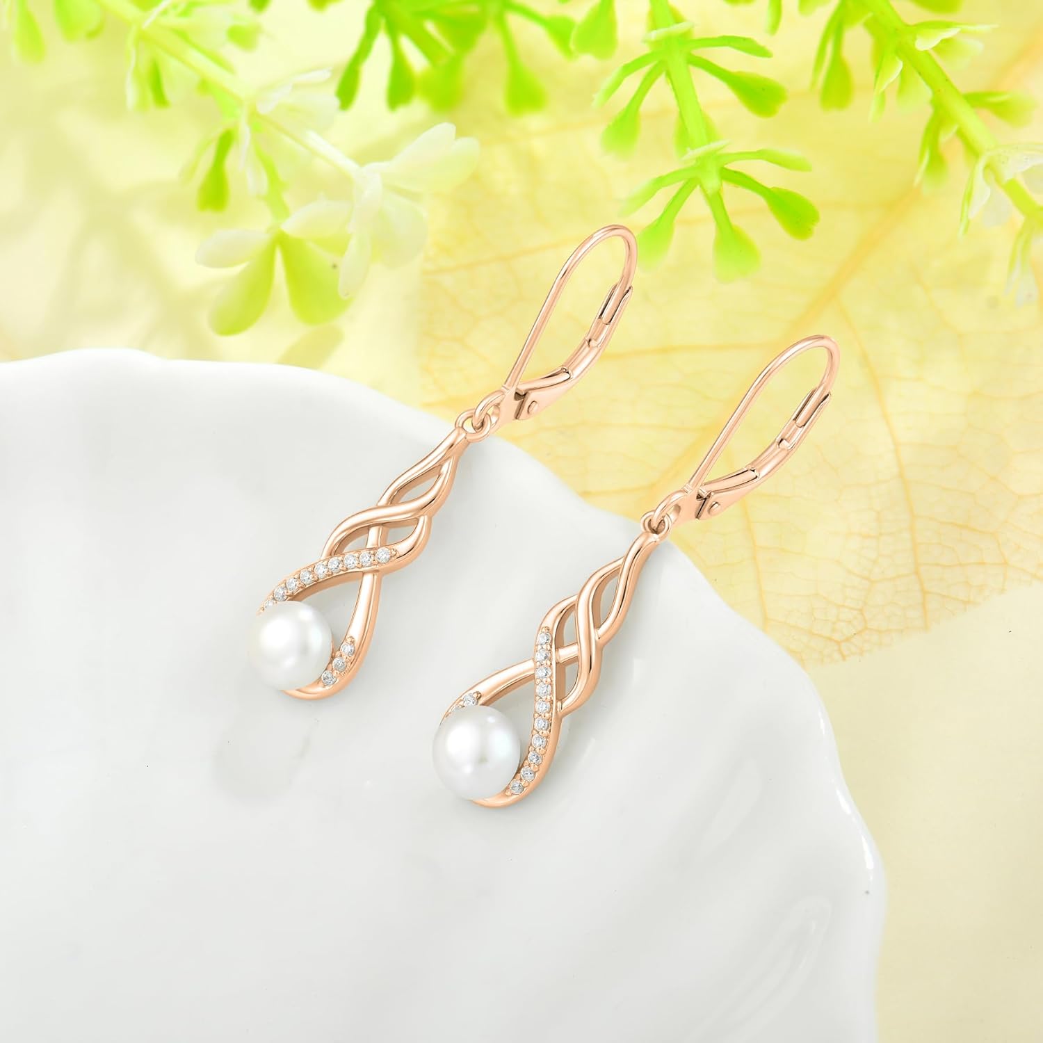 Pearl Dangle Drop Earrings for Women 925 Sterling Silver Infinity Leverback Earrings with Cubic Zirconia Jewelry - Image 3