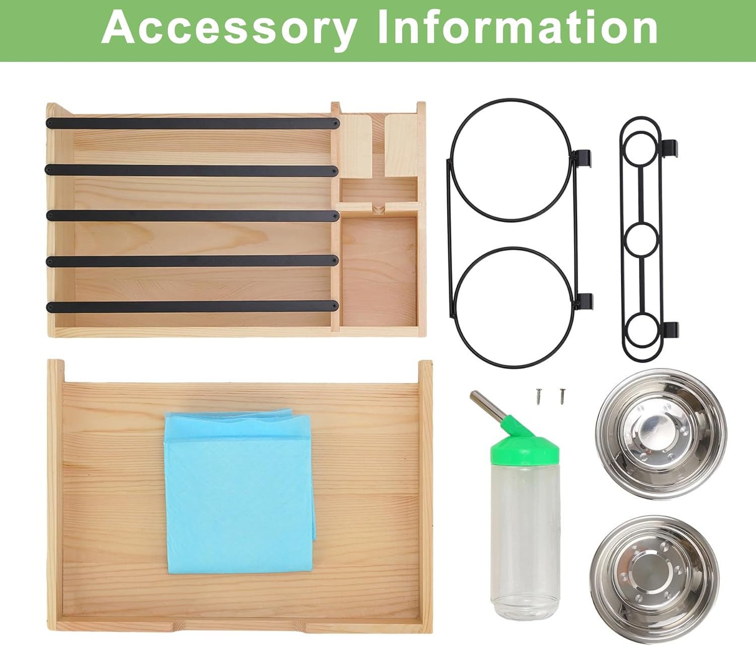 Rabbit Hay Feeder, 4 in 1 Wood Guinea Pig Hay Feeder Bunny Hay Holder with Litter Box 500ml Water Bottle 2 Food Bowl Small Animals Stuff for Cages for Chinchillas Hamster Dwarf Rabbit Ferrets