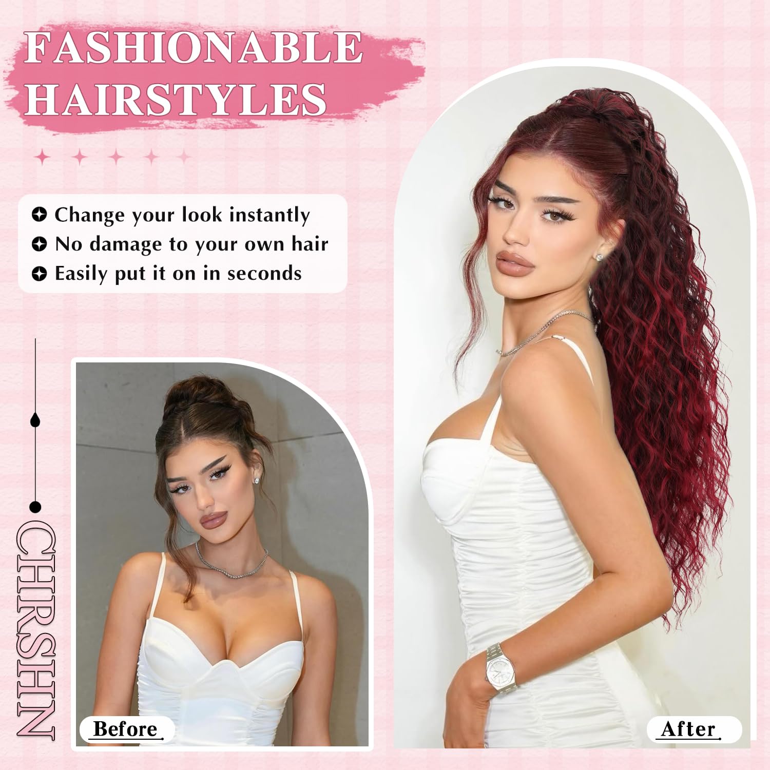 Ponytail Extension, Claw Clip Ponytail Extension for Women Long Ombre Burgundy Curly Clip in Pony Tails Hair Extensions 26 Inch Synthetic Layered Fluffy Clip in Hairpieces for Women