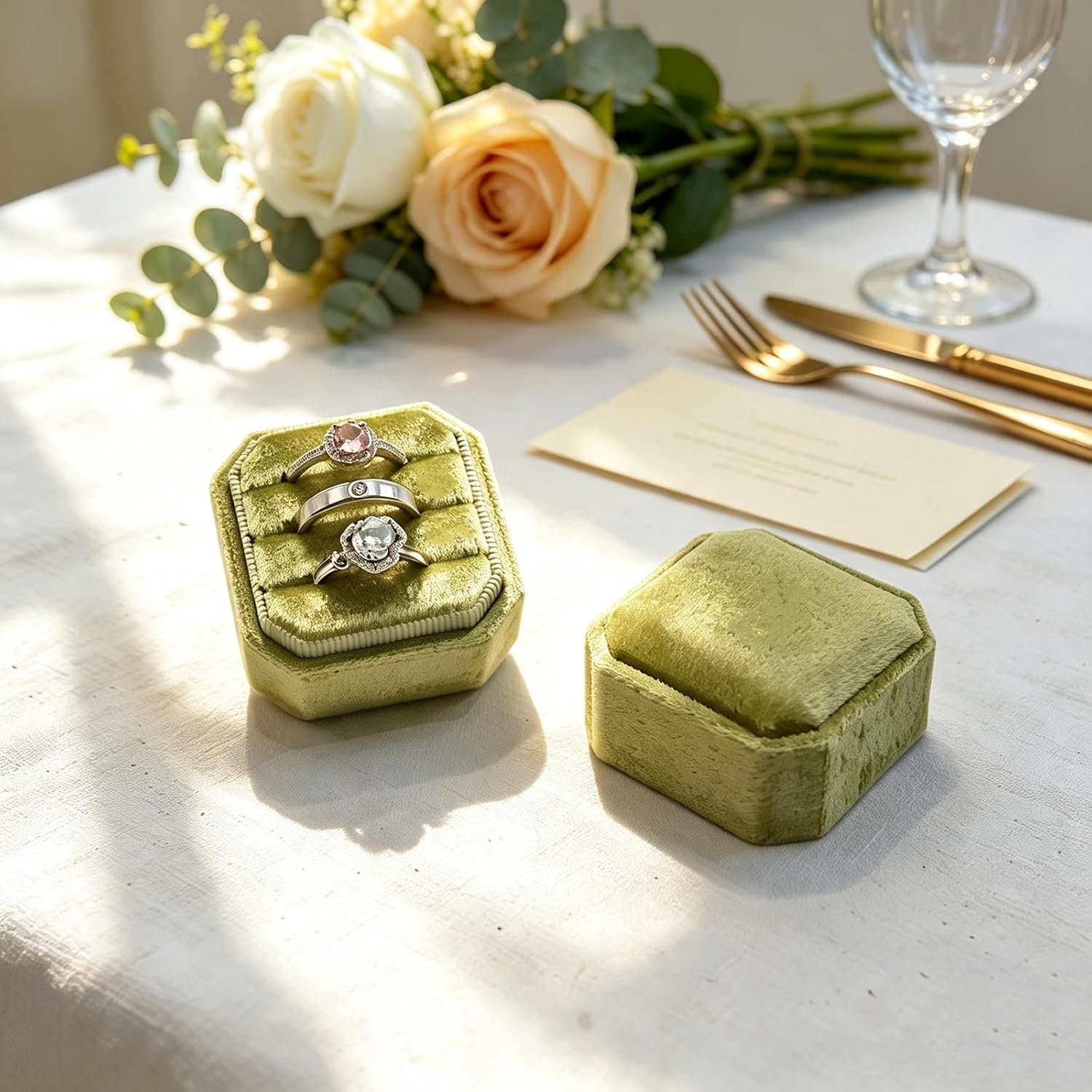 3 Slots Velvet Jewelry Ring Box, Octagon Small Engagement Ring Box Ring Display Holder Case with Lid for Proposal Engagement Wedding U2-PRB018-Green image 5