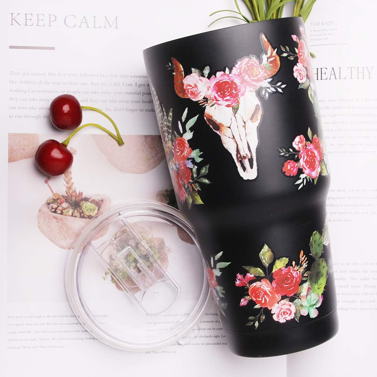 Big Sale 30oz Tumbler Stainless Steel Water Cup Double Wall Vacuum Insulated Travel Mug with Lid by GFU (Bullskull Flower)