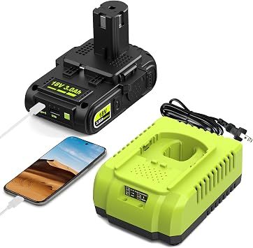 3.0Ah Replacement for Ryobi 18V Battery & Rapid Charger Combo with USB Port