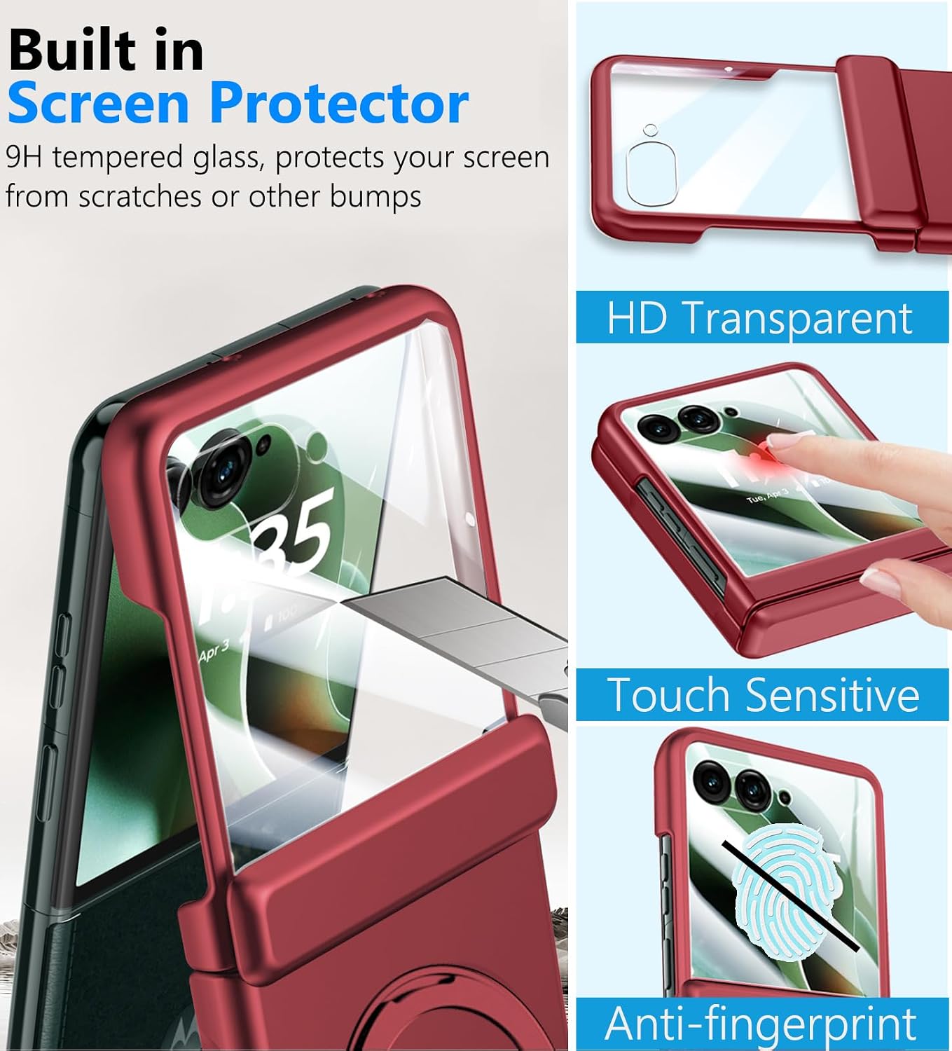 for Motorola Razr 2025 Case/Razr 2024 Case with Magnetic Ring Holder Stand, Full-Body Shockproof Rugged Phone Case with Rear Screen Protector Hinge Protection Case for Moto Razr 2025 Red