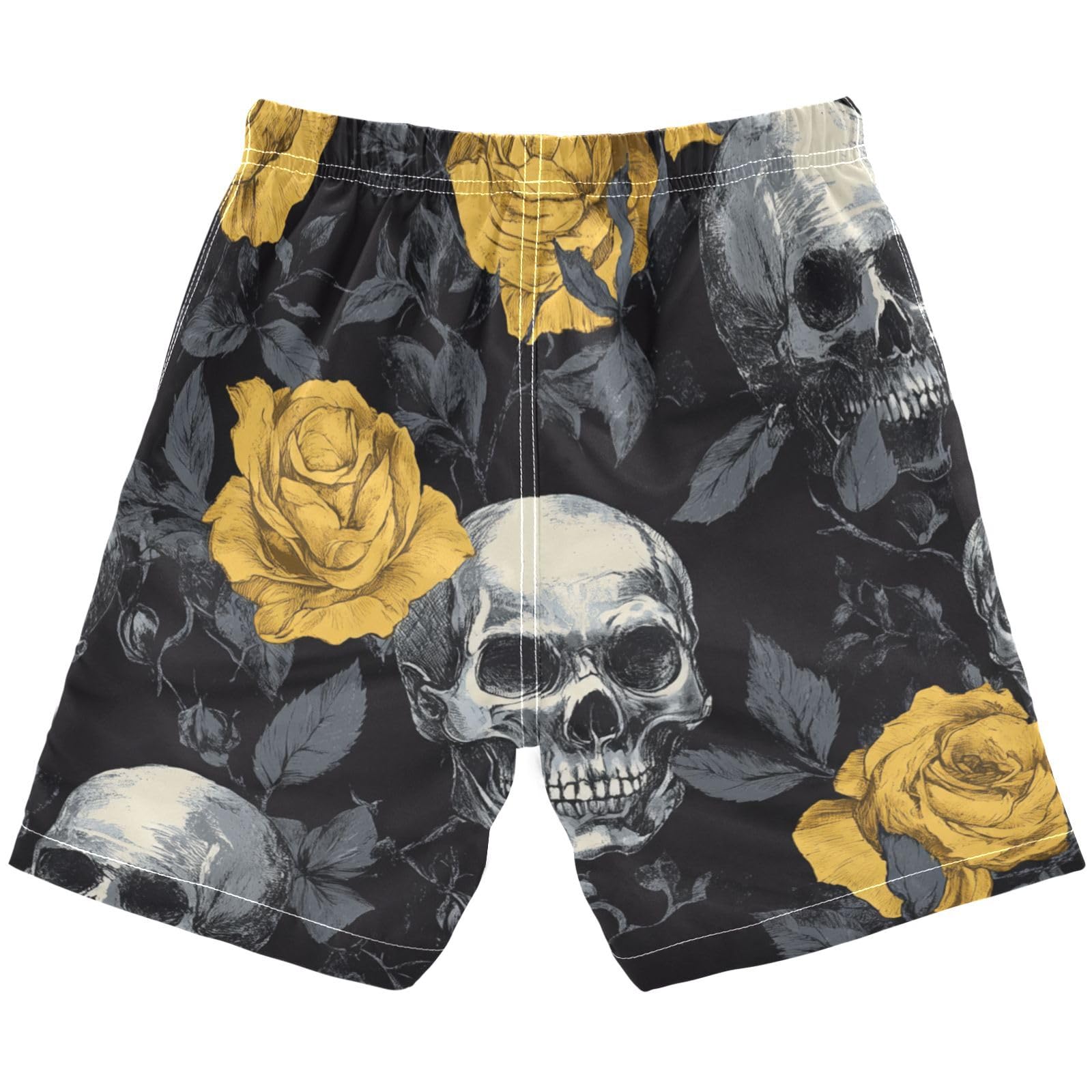 Jucciaco Boys Beach Board Shorts Skull Yellow Rose Flower Swim Trunk Teen Swimwear