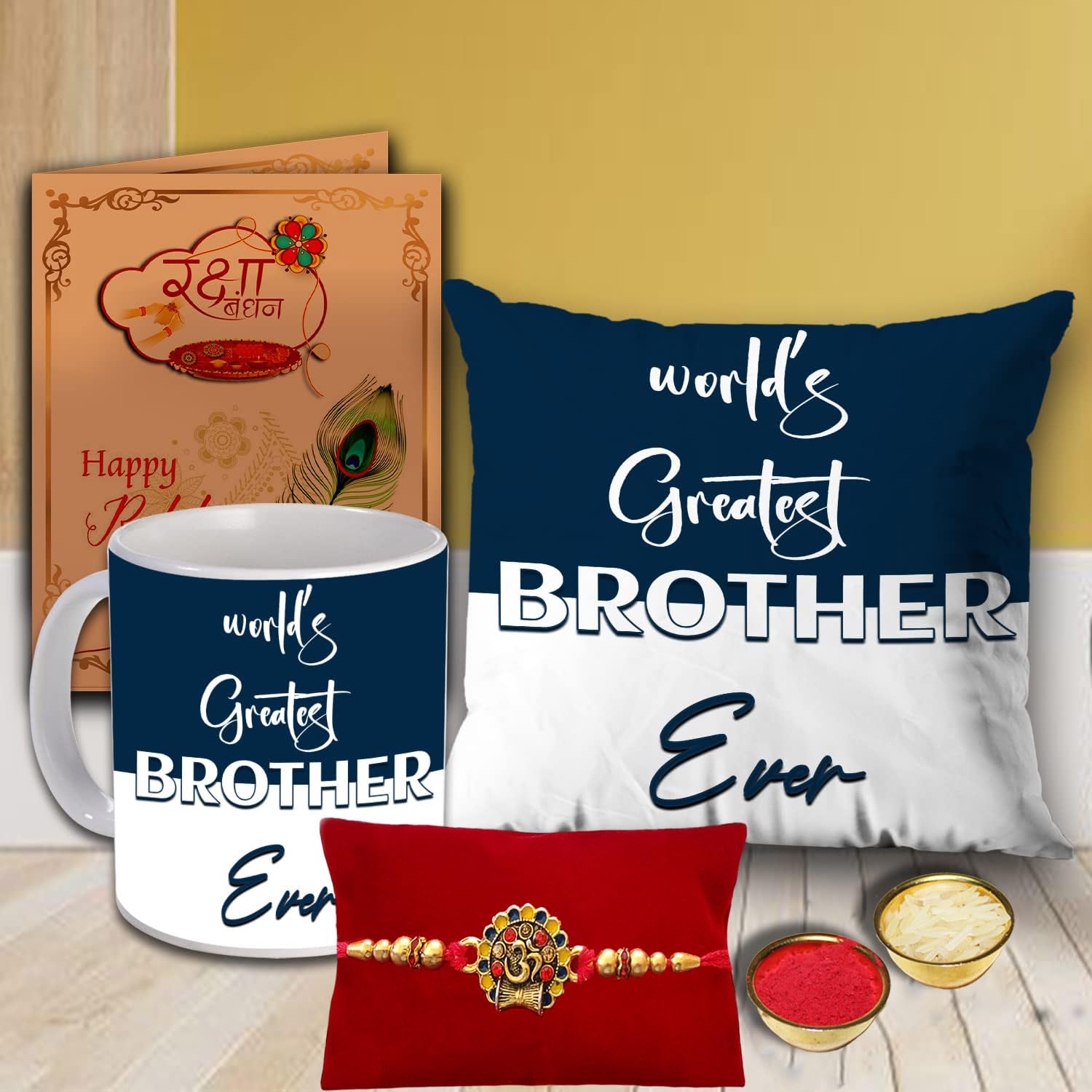 AWANI TRENDS Rakhi Gift for Brother Raksha Bandhan Gift Hamper World Greatest Brother Ever Printed Cushion Pillow (12 * 12 Inch) Ceramic Mug Rakhi Greeting Card Roli Set Birthday Gift for Brother-image-42