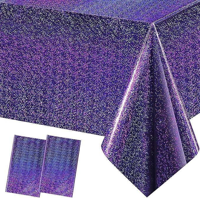 MORAINJAY 2 Pack Glitter Table Cloth,Purple Plastic Glitter Tablecloth for Iridescent Party,137x274cm Shiny Table Cover,Diamond Foil Rectangular Tablecloth for Wedding,Birthday,Garden Party Decor