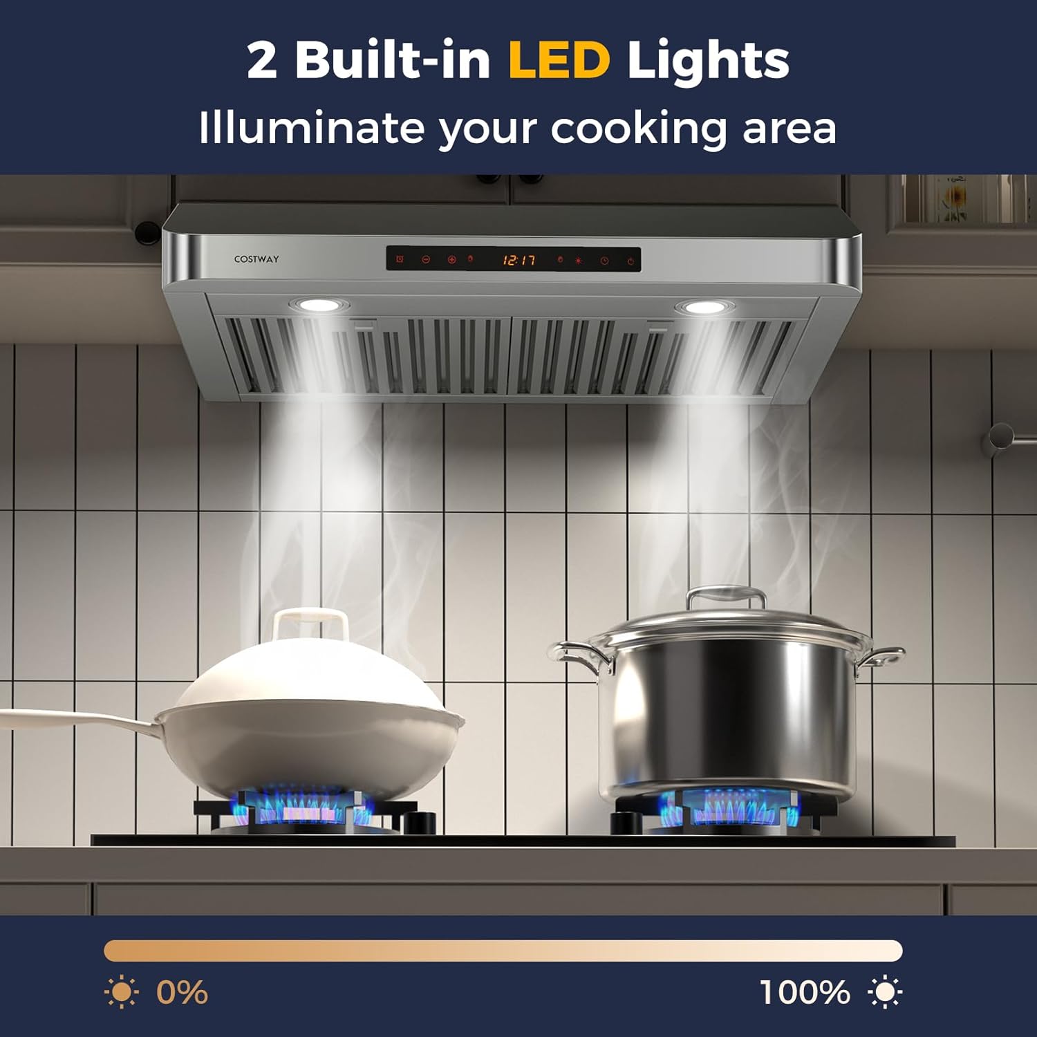 COSTWAY 30 Inch Under Cabinet Range Hood, 900 CFM Kitchen Vent w/ 4 Speed, Adjustable LED Lights & Time Setting, Gesture/Touch/Remote Control, 3 min Delay Shut-Off, with 2 Pcs Baffle Filters