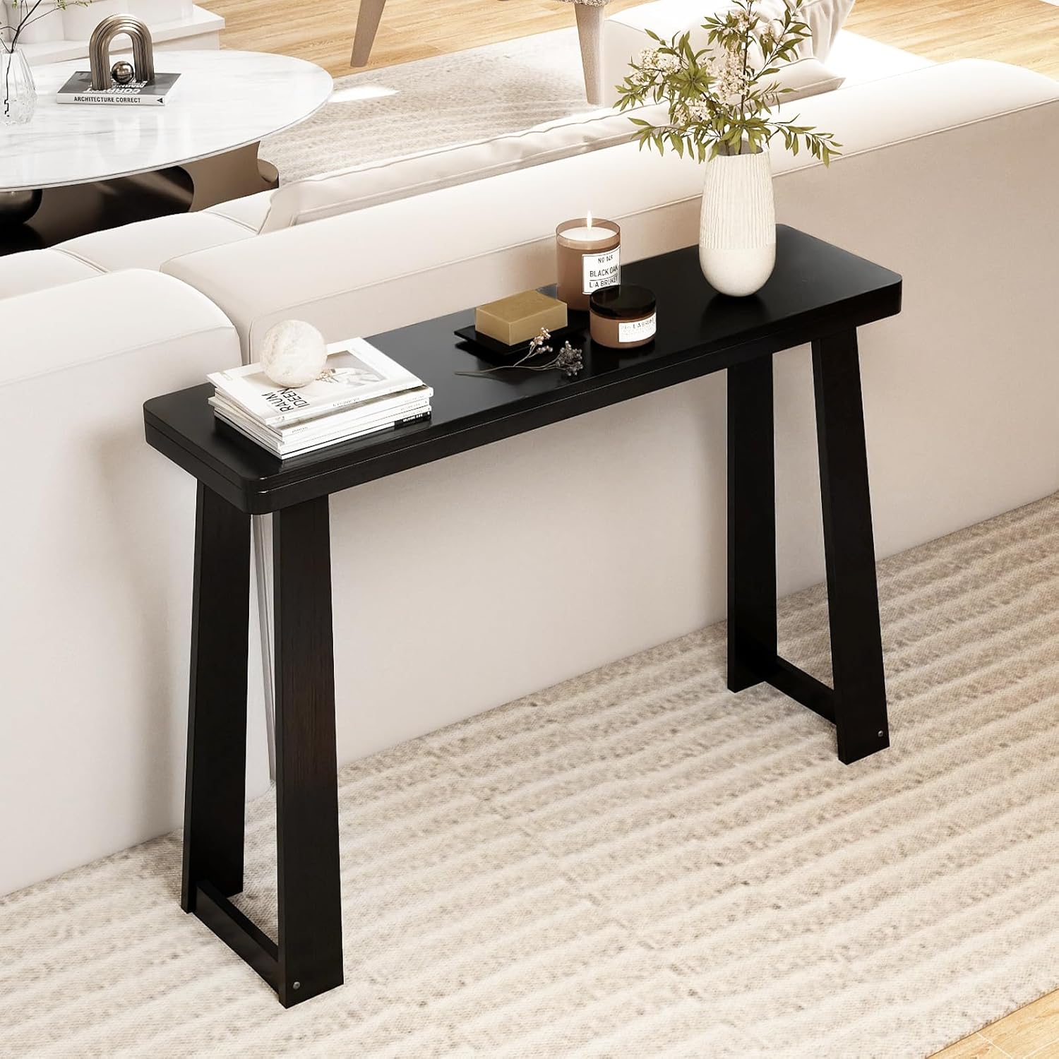 Giantex Narrow Long Console Table, 43" Modern Entryway Table Behind the Couch, Rubberwood Accent Sofa Tables for Living Room, Foyer, Hallway, Bedroom, Entrance (Black)