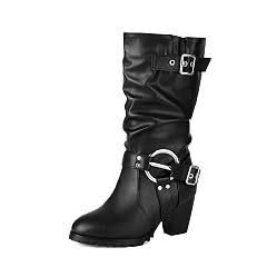 Womens Mid Calf boots Riding Boots Pointed Toe Blcok Heel Pull on Metal Buckle Motorcycle Boots