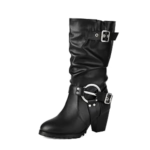 Womens Mid Calf boots Riding Boots Pointed Toe Blcok Heel Pull on Metal Buckle Motorcycle Boots