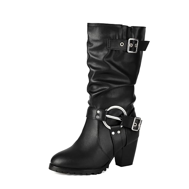 Womens Mid Calf boots Riding Boots Pointed Toe Blcok Heel Pull on Metal Buckle Motorcycle Boots