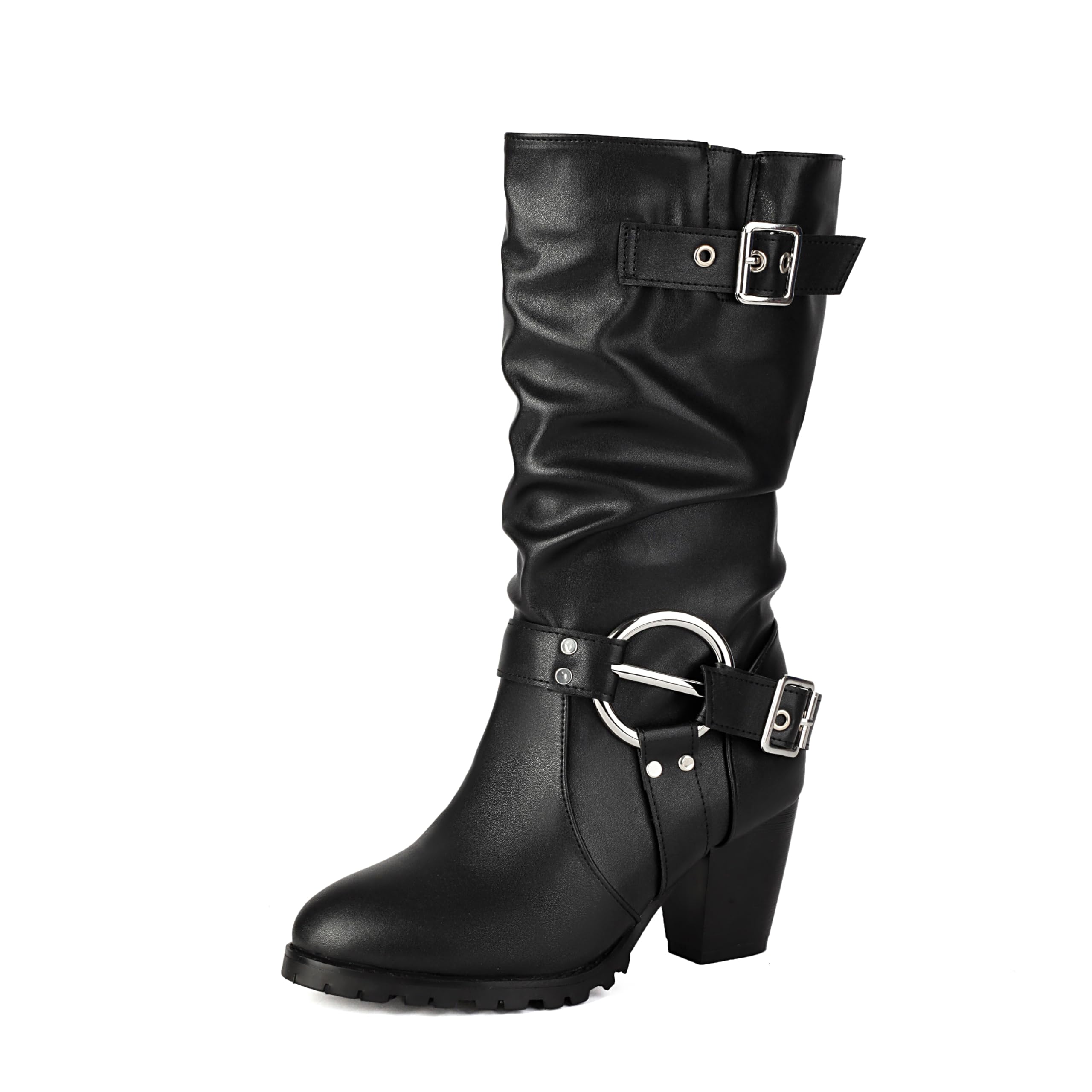 Womens Mid Calf boots Riding Boots Pointed Toe Blcok Heel Pull on Metal Buckle Motorcycle Boots