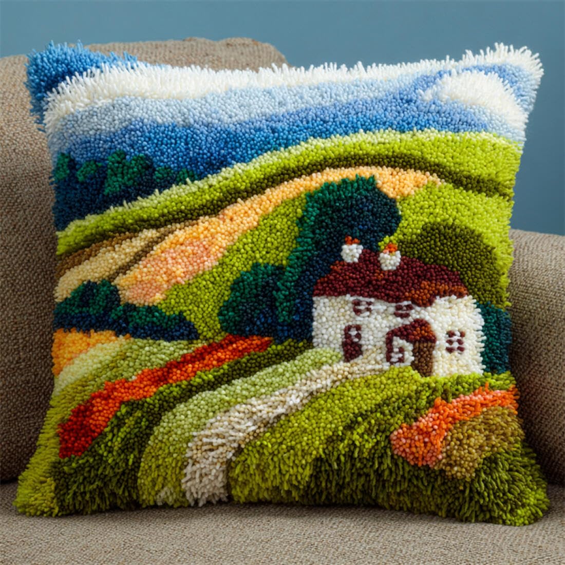 Kitquiver DIY Craft Latch Hook Rug Kits Country Cottage Crochet Needlework Crafts with Latch Hook Tool for Adults DIY Handmade Home Cushion Kits Decor 17x17In