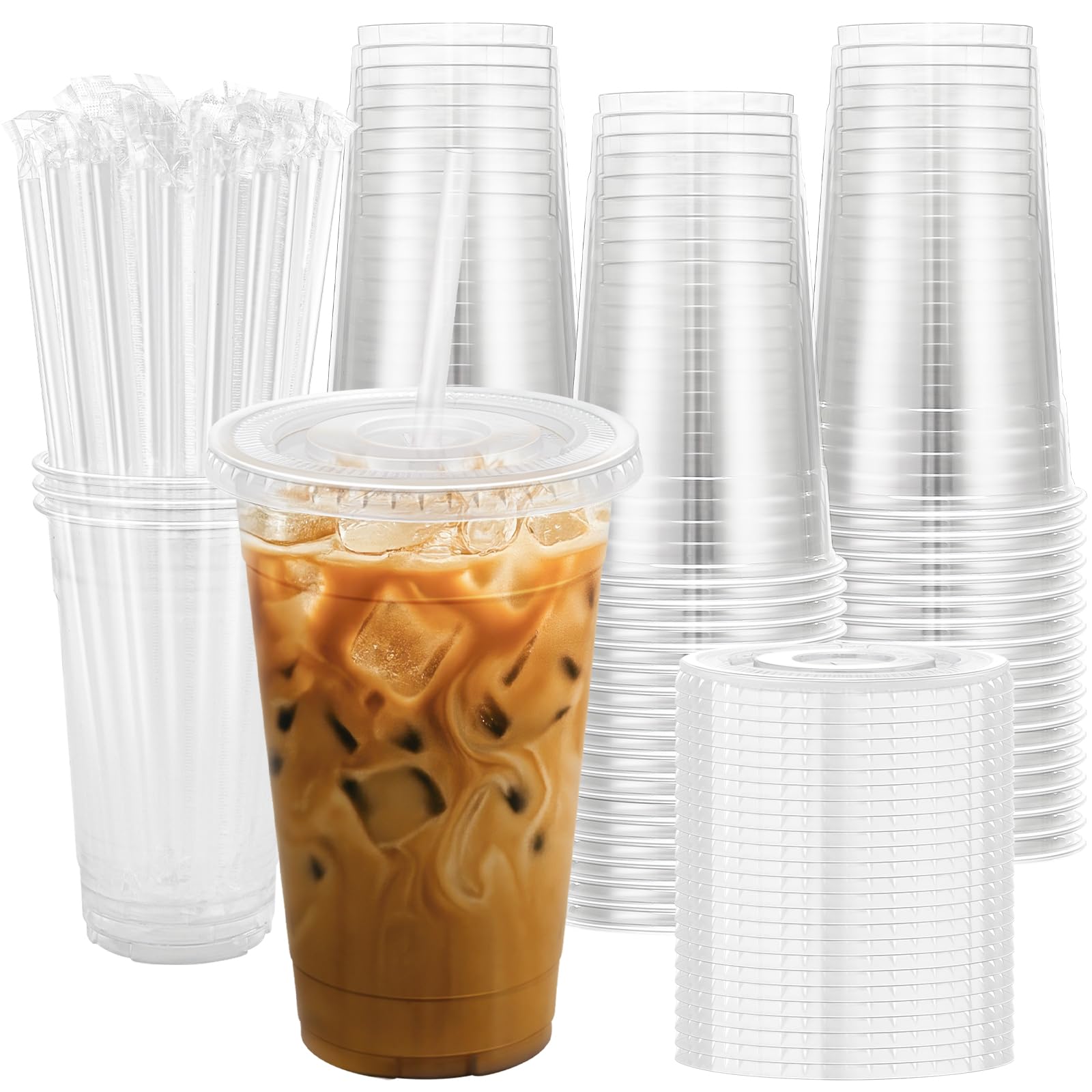 Lamosi 100 Pack 24 oz Clear Plastic Cups with Lids and Straws, Disposable Plastic Coffee Cups with Lids for Iced Coffee, Cold Beverages, Smoothies and To-Go Drinks