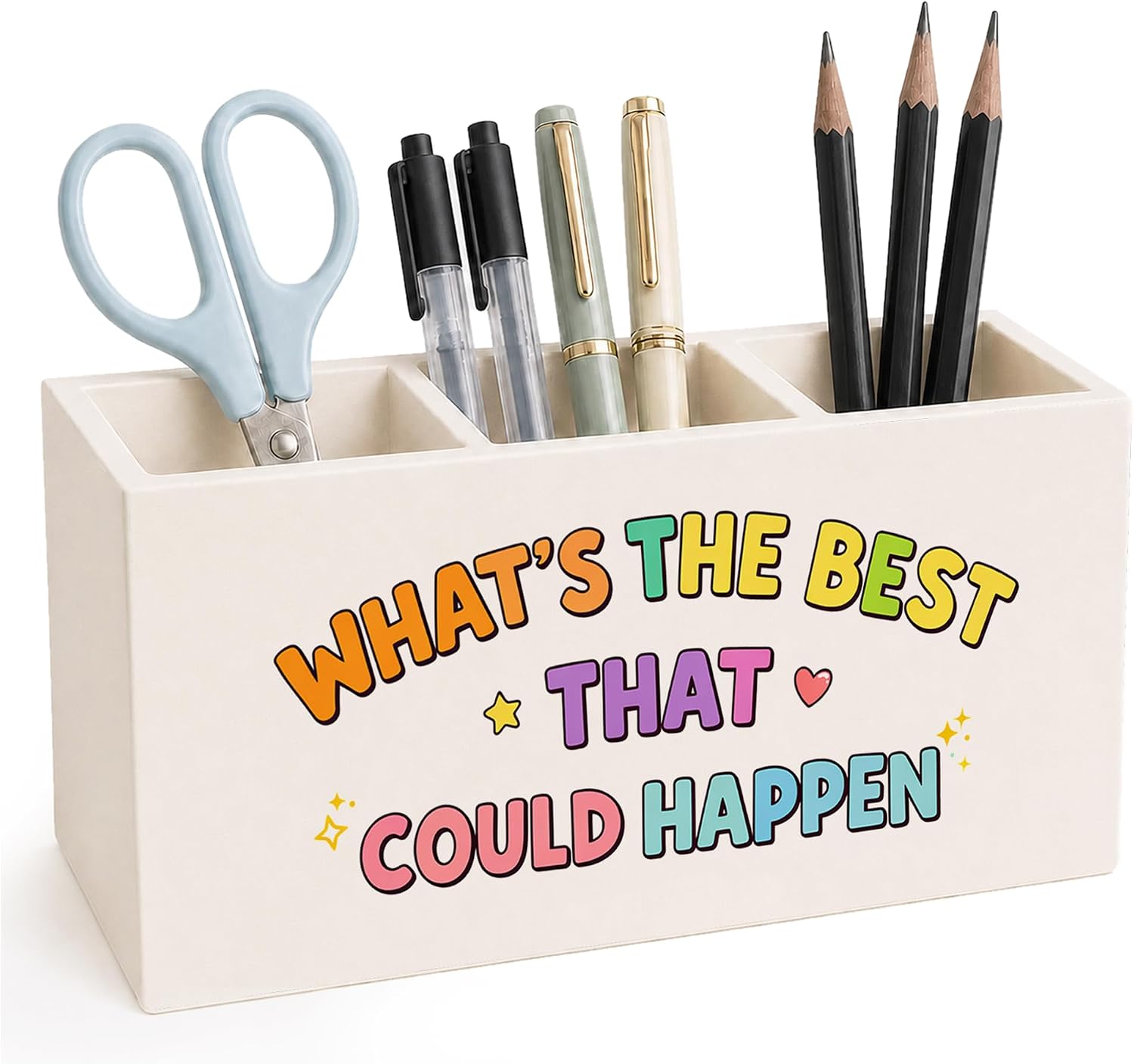 Colorful Boho Inspirational Wood Pencil Pen Holder for Desk, What's the Best That Could Happen Positive Affirmation Wooden Desk Organizer and Accessories for Home Office Classroom