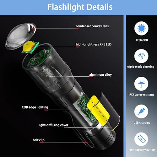 Miniatura 3 de Linternas de mano recargables Mini bolsillo portátil súper brillante luz de flash LED fuerte con luz de trabajo COB lateral para camping,