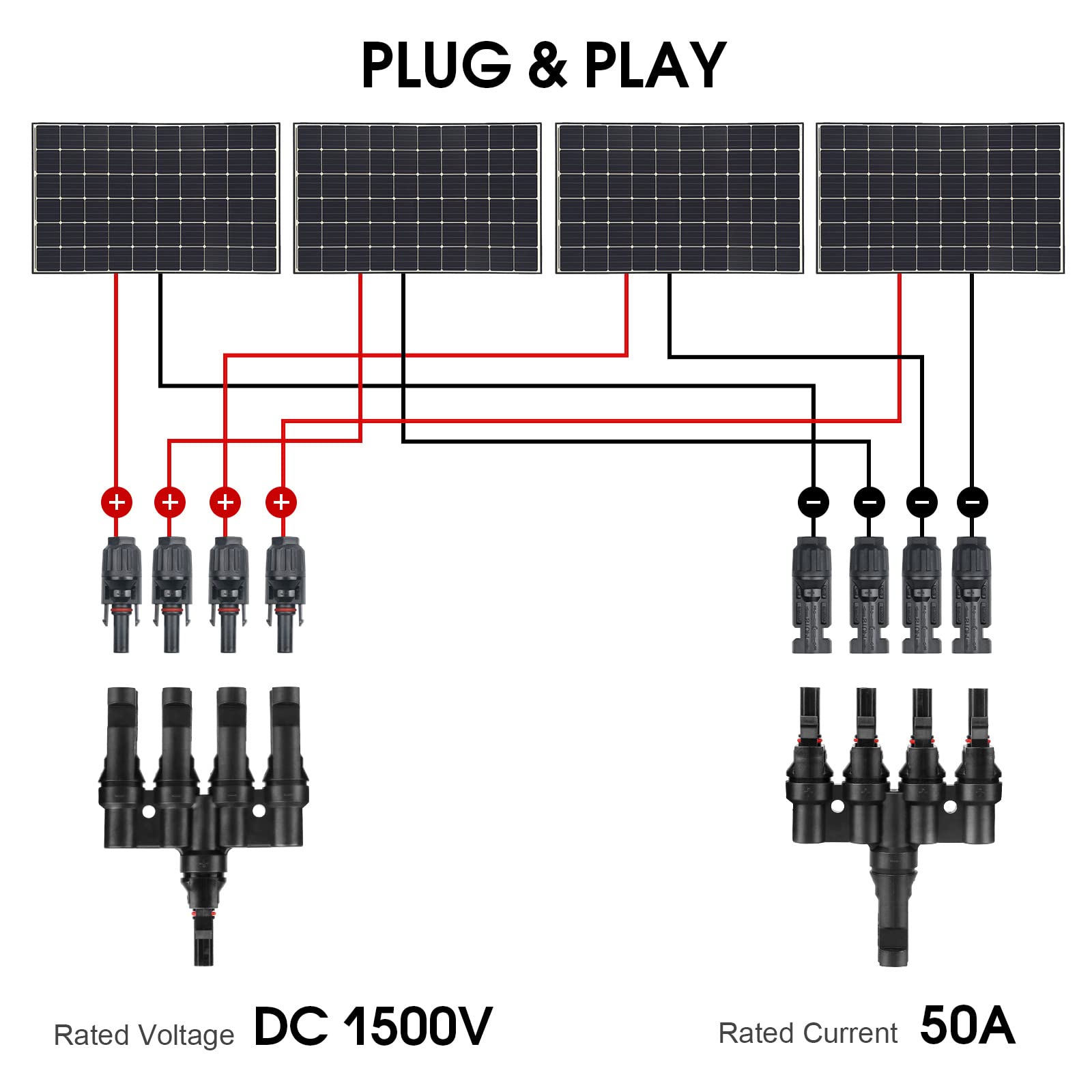4 a 1 conectores de panel solar, conectores de rama en T acoplador divisor de cable 1 macho a 4 hembra (M/4F) y 1 hembra a 4 macho (F/4M) para conexión paralela entre paneles solares (1 par)