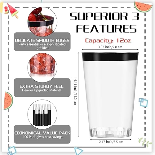 Miniatura 2 de 100 vasos desechables de plástico con borde negro de 12 onzas vasos de plástico transparente de 12 onzas con borde negro para cumpleaños boda fiesta