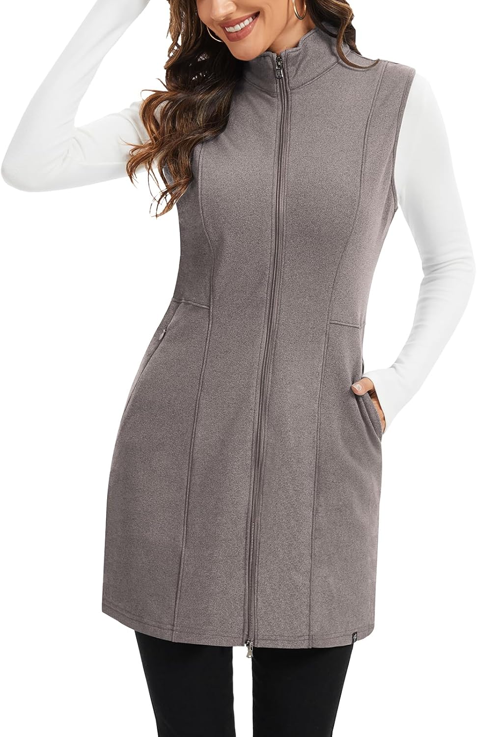 Soneven Women's Fleece Dress Long Vest Sweatshirt Tunic Dress Full Zip Wind Coats with Pocket