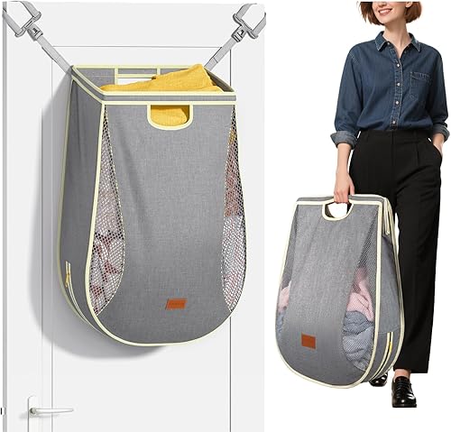 Ligereza Cesta de lavandería colgante de gran capacidad, cesta portátil para colgar sobre la puerta, cesta de ropa transpirable, para dormitorio,