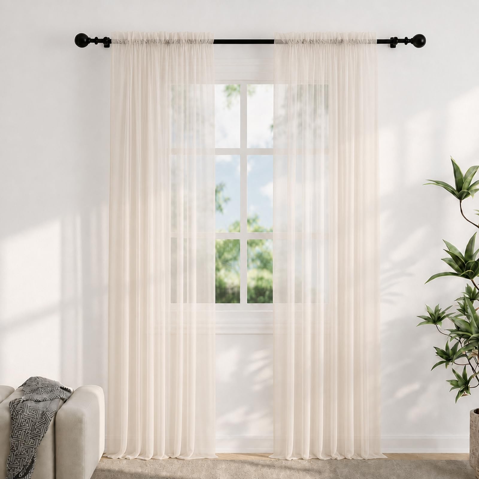 Flgef Voile Curtains for Windows 108 Drop, 2 Panels Dual Rod Pocket Sheer Curtains, Light Filtering Beige Net Curtains for Living Room Bedroom Kitchen, W56xL108 Inches — image 1