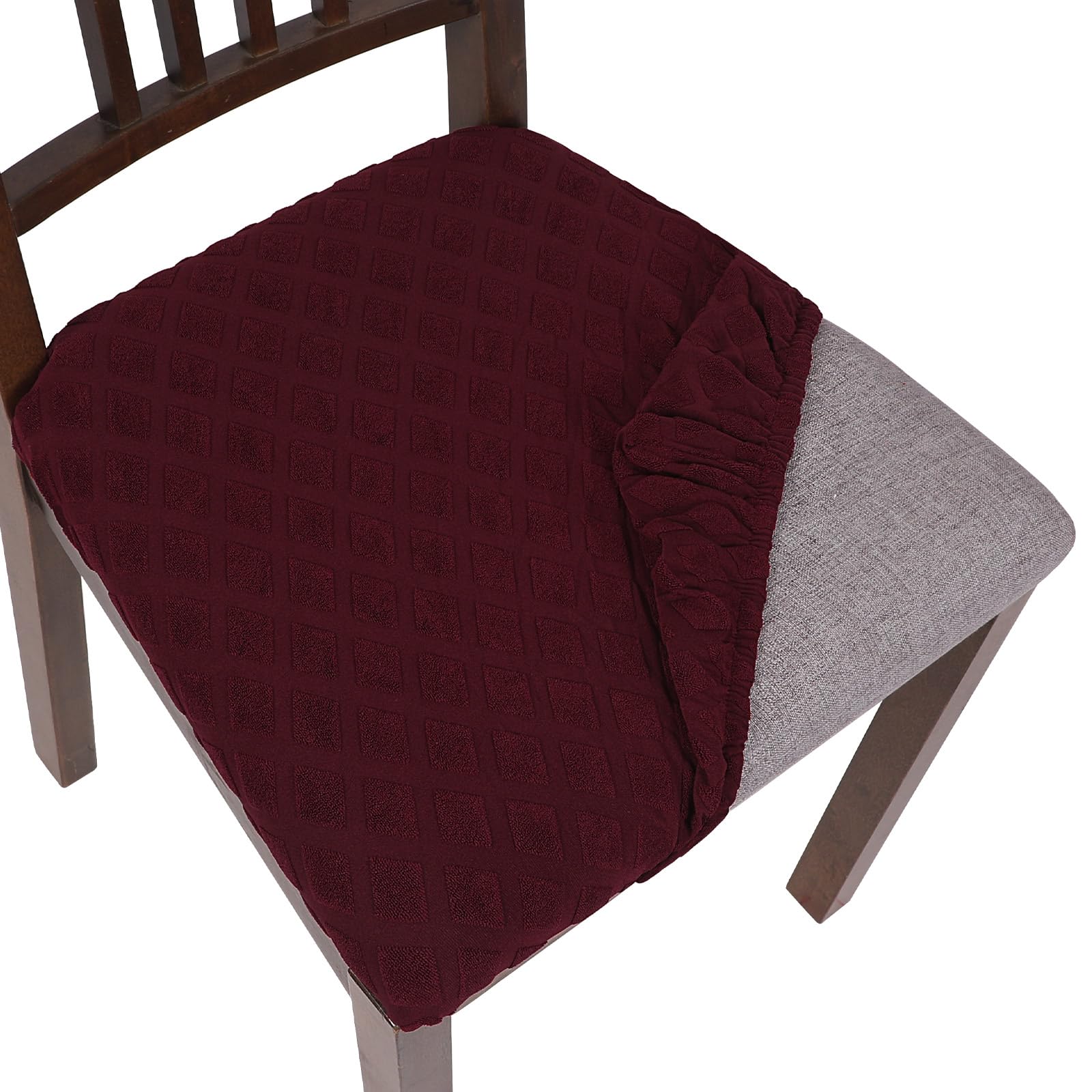 SearchI Seat Covers for Dining Room Chairs Stretch Jacquard Chair Seat Covers Set of 6, Removable Washable Upholstered Chair Seat Protector Cushion Slipcovers for Kitchen, Office(Wine Red)