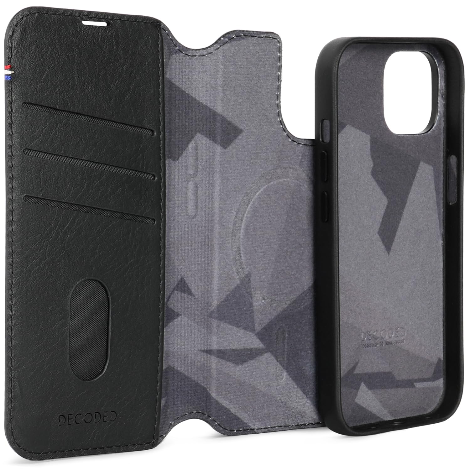 DECODED - Custodia a portafoglio staccabile - Iphone 15 - Custodia magnetica rimovibile 2 in 1 con porta carte - Pelle europea di alta qualità - Adatto per MagSafe - Nero