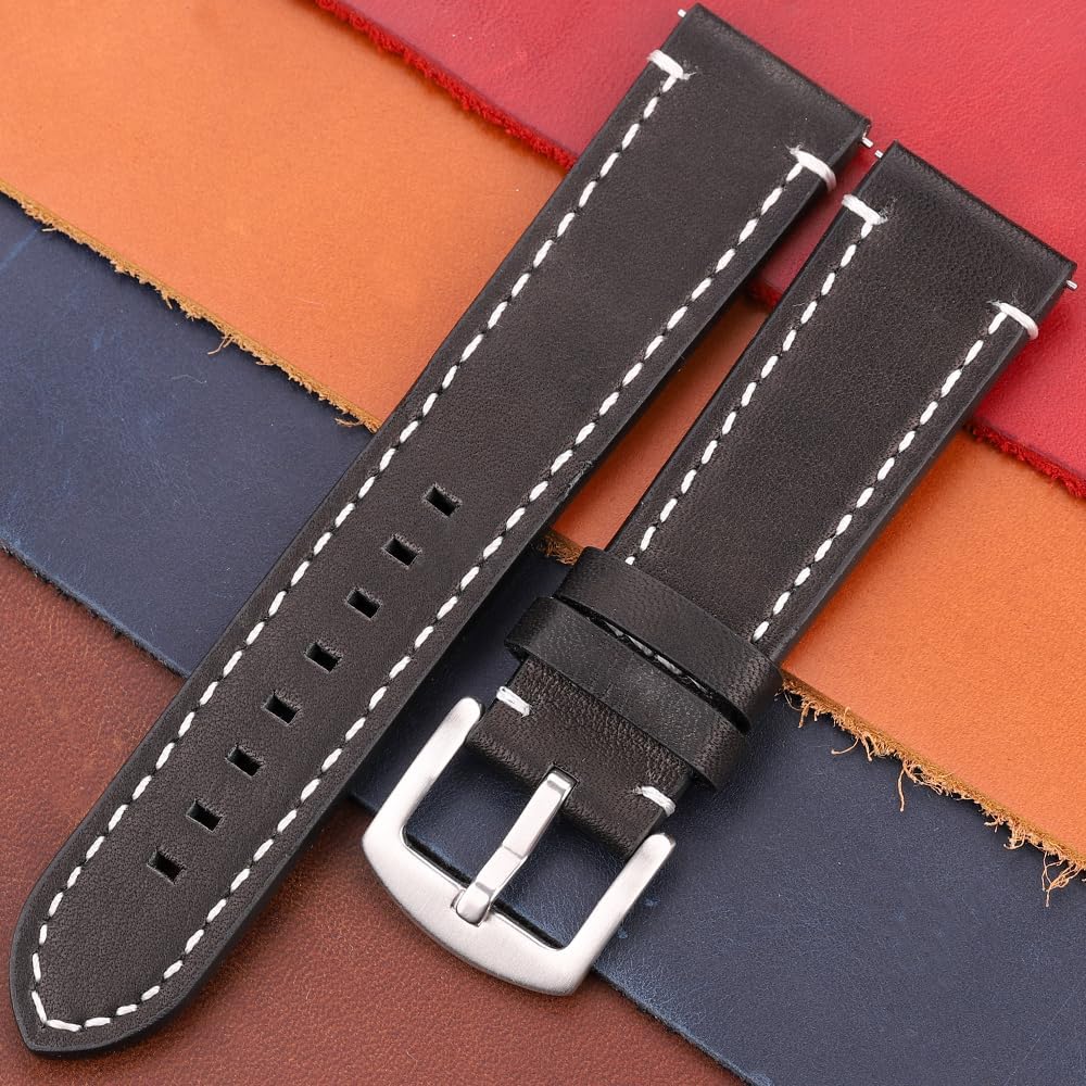 Vintage Leather Watch Band Sport Strap 18mm 20mm 22mm 24mm Genuine Cowhide 7 Colors Watchband Accessories for Men Women(Dark Brown Silver,24mm)