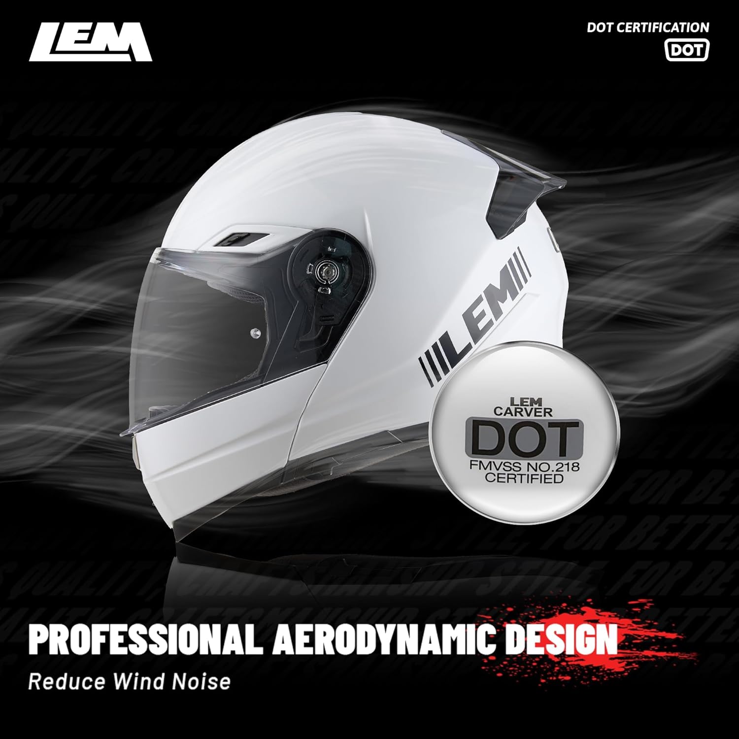 LEM Modular Motorcycle Helmets Fiberglass, Full Face Motorcycle Helmet Flip Up for Touring, DOT Certified, Release Sun Visor & Removable Comfort Liner, Lightweight Street Bike Helmet (White, L)