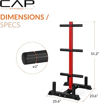 CAP Barbell Olympic Bumper Plate Tree Rack with Weight Plate Posts and Barbell Storage Holders Multiple Options Heavy-Duty Steel Gym Organizer for Olympic Plates and Bars
