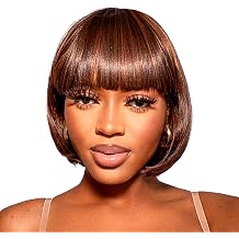 ToyoTress Short Bob Wigs With Bangs - 12 Inch Black Mix Brown Yaki Straight Hair Daily Costume Wig For Black Women, Soft Light Synthetic Hair Replacement Wigs Heat Resistant 12 Inch, M1B/30