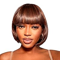 Vista 11 de ToyoTress Pelucas Bob de Cabello Marrón Claro con Flequillo - Peluca de Cabello Liso Yaki de 10 Pulgadas para Uso Diario y Disfraces para Mujeres