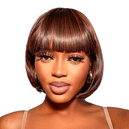 ToyoTress Brown Highlight Bob Wigs With Bangs - 10 Inch