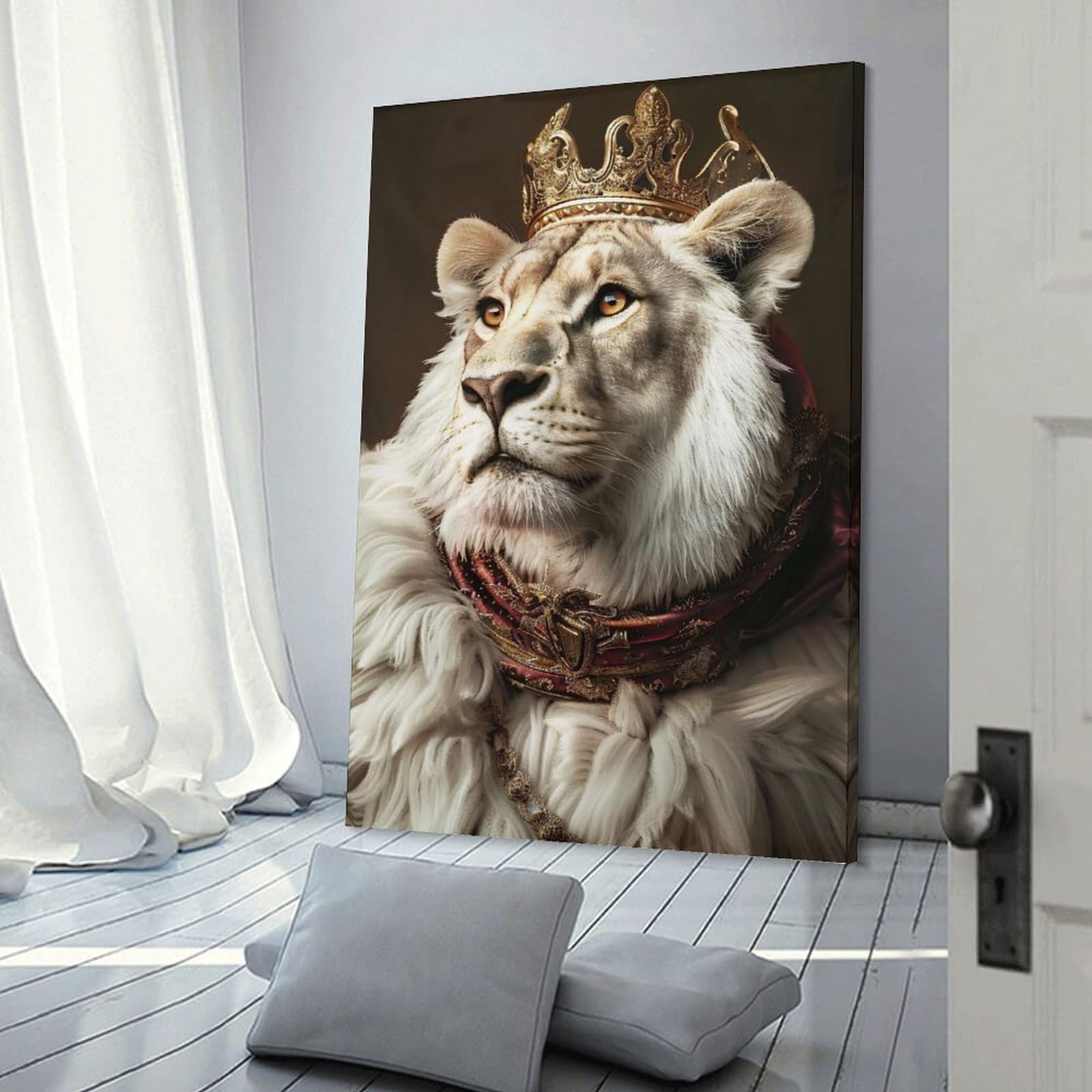 Junmoney Frame-Style-19 Regal Lion Portrait With Golden Crown Canvas Wall Picture, 12X18inch(30X45cm), For Living Room, Bedroom Or Apartment Walls, Decorative Artwork For Empty Walls