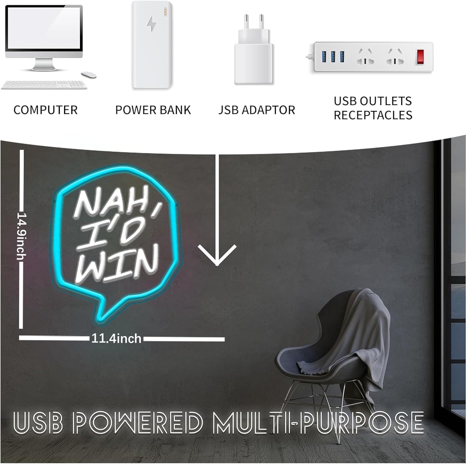 NAH I'D WIN Neon Sign, Funny Meme LED Neon Light Sign for Wall Decor, Cool Aesthetic Gaming Bedroom Man Cave Dorm Room Neon Wall Art, USB Powered Neon Lamp for Home Bar Party Birthday Gift Teen Boy Men Room Decor 11 * 14